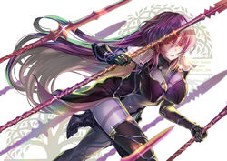  armor bad_id bad_pixiv_id bodysuit breasts commentary_request fate/grand_order fate_(series) female hair_between_eyes high_heels highres holding holding_polearm holding_weapon large_breasts long_hair looking_at_viewer natsujiru polearm red_eyes scathach_(fate) shoulder_armor simple_background solo spear weapon white_background 