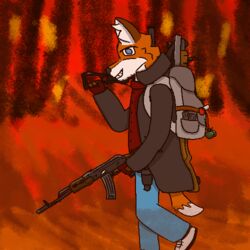  1:1 abstract_background anthro assault_rifle backpack bottomwear canid canine clothed clothing coat denim denim_bottomwear denim_clothing destruction explosives fire fox glock gloves grenade gun handgun handwear hatred_(video_game) jeans kalashnikov looking_at_viewer low_res m870 machete male mammal melee_weapon pants pistol postal_(series) ranged_weapon rifle shirt shotgun smile smiling_at_viewer solo submachine_gun topwear trenchcoat ump45 walking weapon winterfrost_(character) winterfrostwastaken 