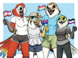  accipitrid accipitriform american_kestrel apodiform asexual_pride_colors athletic_wear avian bird bisexual_pride_colors bottomwear buteo chickenhawk clothed clothing dennis_(fish_birb) dolphin_shorts dress evy_(fish_birb) falcon falconid female fish_birb flag flag_(object) group gym_bottomwear gym_shorts hat headgear headwear hi_res holding_flag holding_object hummingbird kestrel lesbian_pride_colors lgbt_pride macaw male neotropical_parrot pansexual_pride_colors pants parrot pink_lesbian_pride_colors polo_shirt pride_color_flag pride_colors red-tailed_hawk samantha_(fish_birb) sarah_(fish_birb) shirt shorts sun_hat sundress t-shirt topwear true_parrot 