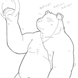  1:1 2011 anthro bear belly closed_eyes electronics headphones japanese_text kemono kick_(artist) male mammal moobs navel nipples overweight overweight_anthro overweight_male simple_background solo text white_background 