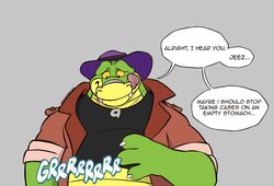  2023 alligator alligatorid anthro brok_(brok_the_investigator) brok_the_investigator clothing cowcat_games crocodilian dialogue english_text green_body hat headgear headwear hi_res humanoid_hands male overweight overweight_male reptile scalie shirt simple_background solo syncrotrace text tongue tongue_out topwear 