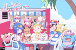  &gt;o&lt; 2girls 3boys animal_print baggy_pants baseball_cap bewear black_hair blue_eyes blue_pants blue_sky bow bowtie brown_eyes brown_pants closed_eyes commentary_request earrings eevee english_text food gen_1_pokemon gen_2_pokemon gen_7_pokemon hat highres holding holding_food ice_cream ice_cream_bar ice_cream_cone jewelry kojirou_(pokemon) lipstick makeup mamane_(pokemon) matching_outfit mei_(maysroom) meowth multiple_boys multiple_girls musashi_(pokemon) open_mouth orange_hair palm_tree pants pikachu pink_hair pokemon pokemon_(anime) pokemon_(creature) pokemon_sm_(anime) polka_dot polka_dot_bow satoshi_(pokemon) sharing_food shirt short_hair sky sparkling_eyes spiked_hair striped striped_shirt suiren_(pokemon) tagme togedemaru tree white_shirt wobbuffet |p 