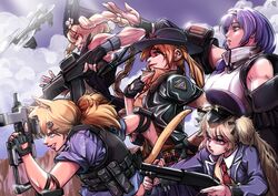  5girls absurdres animal_ears assault_rifle blonde_hair blue_hair brown_hair cat_ears cat_tail chtv dp-12_(girls&#039;_frontline) drone girls&#039;_frontline gun highres idw_(girls&#039;_frontline) idw_(mod3)_(girls&#039;_frontline) korean_commentary m870_(girls&#039;_frontline) multiple_girls police police_uniform policewoman pump_action remington_870 rifle shotgun sr-3mp sr-3mp_(girls&#039;_frontline) submachine_gun super-shorty_(girls&#039;_frontline) tail uniform weapon 