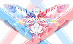  2girls absurdres android bingshan blue_eyes blue_gemini_wing flat_chest heart highres holding_hands magic_henshin multiple_girls navel no_humans official_art open_mouth photoshop_(medium) pink_eyes pink_gemini_wing robot 