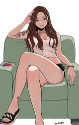  absurdres ankle_tattoo bdpp beautiful_gunbari bird_tattoo black_shorts blue_nails breasts brown_eyes cellphone chair cho_ye-ryeong cigarette cleavage crop_top crossed_legs feet female foot_out_of_frame highres holding holding_cigarette legs lighter long_hair medium_breasts midriff mole mole_on_leg mole_under_eye nail_polish phone sandals shirt short_shorts shorts simple_background sitting smoking solo tattoo thighs toenail_polish toenails toes white_background white_shirt 