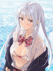  :t blazer blurry blurry_background blush bra breasts cleavage commentary_request depth_of_field female jacket long_hair looking_at_viewer medium_breasts navel off_shoulder open_clothes open_shirt original outdoors pink_eyes pool school_uniform see-through shirt sidelocks solo underwear wet wet_clothes wet_hair wet_shirt white_bra white_hair yahako 