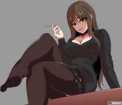  artist_name beautiful_gunbari black_shirt breasts brown_eyes brown_hair brown_pantyhose cigarette cleavage feet female foot_out_of_frame holding holding_cigarette jung_su-a knee_up legs long_hair long_sleeves looking_at_viewer marheit mole mole_on_breast no_shoes o-ring pantyhose shirt sitting solo thigh_strap toes very_long_hair 