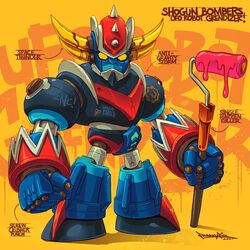  character_name chibi english_commentary english_text freakyfir grendizer highres holding horns mazinger_(series) mecha mecha_focus no_humans paint_roller robot science_fiction signature solo spikes super_robot ufo_robo_grendizer yellow_background yellow_eyes 