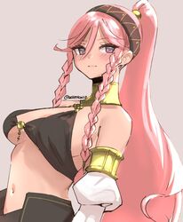  alternate_costume artist_name bikini black_bikini black_hairband blush braid breasts cleavage commentary dancer dated_commentary female fire_emblem fire_emblem_awakening fire_emblem_heroes grey_background hairband long_hair looking_at_viewer medium_breasts navel official_alternate_costume olivia_(fire_emblem) olivia_(performing_arts)_(fire_emblem) pink_eyes pink_hair ponytail simple_background skeptycally solo swimsuit twin_braids upper_body 