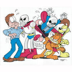  3boys annoyed blue_eyes blue_jacket blue_pants blue_sweater boots brown_eyes canine cape cape_tug crossover english_commentary english_text feline garfield garfield_(character) gary_barker highres jacket jim_davis_(style) jon_arbuckle looking_at_viewer looking_down male_focus marker_(medium) multiple_boys odie_(garfield) open_hands open_mouth pants papyrus_(undertale) red_cape red_footwear sans_(undertale) skeleton sweatdrop sweater thought_bubble tongue tongue_out traditional_media undertale v-shaped_eyebrows white_background 