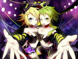  2girls asymmetrical_docking bingshan black_bow black_skirt blonde_hair blue_eyes bow breast_press breasts chinese_commentary cleavage commentary cowlick green_eyes green_hair gumi hairbow hand_on_another&#039;s_hip highres kagamine_rin looking_to_the_side luvoratorrrrry!_(vocaloid) medium_breasts midriff multiple_girls navel outstretched_arm short_hair short_shorts shorts skirt small_breasts vocaloid 