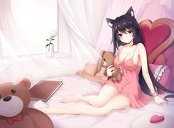  absurdres animal_ears bare_arms bare_legs bare_shoulders barefoot bed black_hair blush book breasts cat_ears character_request chemise cleavage copyright_request curtains dress female flower hair_between_eyes head_tilt highres holding holding_stuffed_toy indoors large_breasts long_hair looking_at_viewer muyue pink_dress purple_eyes short_dress sitting smile solo spaghetti_strap stuffed_animal stuffed_rabbit stuffed_toy teddy_bear thighs very_long_hair white_flower window wrist_cuffs 