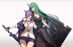  2girls :d arknights bare_shoulders black_gloves black_shirt blue_jacket breasts ch&#039;en_(arknights) chinese_commentary cleavage commentary_request cowboy_shot dragon_horns fingerless_gloves gloves green_hair grey_background hair_between_eyes hand_up hannya_(arknights) highres horns hoshiguma_(arknights) jacket long_hair looking_at_another medium_breasts multiple_girls navel necktie off_shoulder open_clothes open_jacket open_mouth orange_necktie purple_hair red_eyes scabbard sheath sheathed shield shirt short_shorts shorts simple_background single_horn sleeveless sleeveless_shirt smile standing sword tenshin_kagehisa thighs v-shaped_eyebrows weapon white_shirt yellow_eyes 