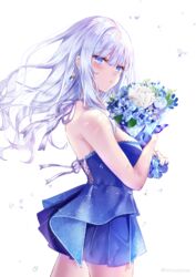  :o bare_arms bare_shoulders blue_dress blue_eyes blue_flower blue_nails blush bouquet breasts commentary dress earrings female flower hair_between_eyes holding holding_bouquet hugging_object jewelry long_hair looking_at_viewer looking_to_the_side medium_breasts nail_polish original parted_lips pleated_dress purple_flower simple_background solo strapless strapless_dress tetsu_tissue twitter_username very_long_hair water_drop white_background white_flower white_hair 