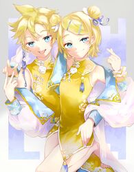  1boy :p absurdres alternate_costume alternate_hairstyle bad_id bad_twitter_id bare_shoulders blonde_hair blue_eyes china_dress chinese_clothes cowboy_shot dress dress_flower female floral_print hair_ribbon hands_up highres kagamine_len kagamine_rin looking_at_viewer matching_outfits nail_polish oyamada_gamata ribbon short_hair short_ponytail siblings sleeveless sleeveless_dress smile spiked_hair swept_bangs tongue tongue_out v vocaloid yellow_dress yellow_nails 