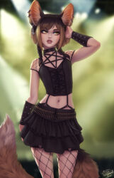  alternate_costume alternate_hairstyle animal_ears artist_name black_hair black_nails blonde_hair blurry blurry_background bracer brown_hair collar commentary cowboy_shot crop_top cross cross-laced_clothes cross-laced_top earrings female fishnet_pantyhose fishnets flat_chest fox_ears fox_tail frilled_skirt frills goth_fashion gradient_hair green_background hand_in_own_hair harness highres hoop_earrings inverted_cross jewelry khiara_(personal_ami) lips multicolored_hair navel o-ring original pantyhose parted_bangs pentagram personal_ami skirt solo studded_collar tail two-tone_hair yellow_eyes 