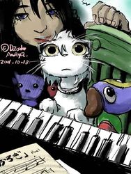  2001 3:4 ame_(daisuke_amaya) collar daisuke_amaya domestic_cat duo felid feline felis female feral fur human keyboard_instrument mammal musical_instrument piano plushie white_body white_fur yellow_eyes 