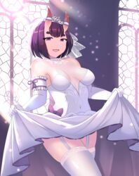  absurdres alternate_breast_size alternate_costume bob_cut breasts bridal_veil bride clothes_lift dress dress_lift elbow_gloves fate/grand_order fate_(series) female garter_straps gloves highres horns jifuwabe lifting_own_clothes medium_breasts oni purple_eyes purple_hair short_hair shuten_douji_(fate) skin-covered_horns solo thighhighs veil wedding_dress white_dress white_gloves white_thighhighs 