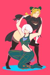  2b_(nier:automata) 2b_(nier:automata)_(cosplay) 2girls absurdres artist_name breasts cleavage cleavage_cutout clothing_cutout cosplay costume_switch crossover double_bun english_commentary giant_tabby green_eyes green_hair hair_behind_ear hair_bun hair_over_one_eye high_heels highres jojo_no_kimyou_na_bouken juliet_sleeves kira_buckland kujo_jolyne kujo_jolyne_(cosplay) leaning_forward long_sleeves medium_breasts mole mole_under_mouth multiple_girls navel nier:automata nier_(series) pink_background puffy_sleeves short_hair smile stone_ocean thighhighs voice_actor_connection white_hair 