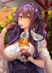  azuma_(azur_lane) azur_lane black_gloves bra bra_visible_through_clothes breasts buttons commentary eating female gloves hair_between_eyes hair_ornament hairclip highres lace lace-trimmed_bra lace_trim large_breasts leichi6 long_hair long_sleeves looking_at_viewer manjuu_(azur_lane) outdoors purple_hair sidelocks solo underwear yellow_eyes 