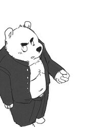  2011 anthro bear belly bottomwear clothed clothing kemono kick_(artist) male mammal monochrome navel open_clothing open_shirt open_topwear overweight overweight_anthro overweight_male pants shirt simple_background solo topwear white_background 