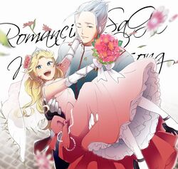  1boy bad_id bad_twitter_id blonde_hair breasts chimaki_(impressiveanarchy) closed_mouth dress earrings elbow_gloves female gian_(saga) gloves jewelry long_hair looking_at_viewer myriam_(saga) open_mouth pantyhose petticoat romancing_saga romancing_saga_minstrel_song saga wedding_dress 