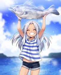  absurdres alternate_costume animal arms_up blue_shorts blurry blurry_background blush closed_eyes commentary_request counter:side cowboy_shot day female fish grey_hair grin groin highres holding holding_animal holding_fish jewelry korean_commentary long_hair mone_(counter:side) necklace ocean official_alternate_costume sea_bass shell shell_necklace shirt short_shorts short_sleeves shorts sky smile solo striped_clothes striped_shirt supernew tan white_shirt wristband 