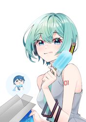  1boy alternate_hair_length alternate_hairstyle aqua_hair aqua_nails aqua_necktie bare_arms blue_eyes blue_hair blue_scarf blush blush_stickers bob_cut box breasts candy chibi chibi_inset coat collared_shirt commentary eyelashes female fingernails food grey_shirt hair_between_eyes hair_ornament hand_up hatsune_miku headset highres holding holding_box holding_candy holding_food holding_lollipop ice_cream kaito_(vocaloid) licking_lips light_smile lollipop looking_at_viewer masumofu medium_breasts necktie nose_blush number_tattoo scarf shirt short_hair shoulder_tattoo simple_background sleeveless sleeveless_shirt tattoo tongue tongue_out unworn_hair_ornament vocaloid white_background white_coat 