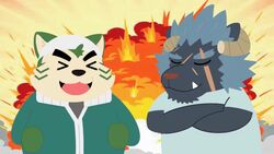  &gt;_&lt; animated anthro bandana black_body black_fur canid canine canis closed_eyes domestic_dog duo explosion fur green_body green_fur horn kerchief krampus_(housamo) live-a-hero male mammal mokdai monster scar slightly_chubby tokyo_afterschool_summoners tusks video_games xxg3jhv8teo4vnd 