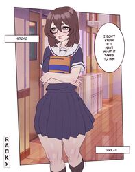  1futa 2022 breasts brown_hair clothed clothing dialogue english_text fully_clothed futa_only futanari glasses hiroko_(raoky) human implied_futanari light-skinned_futanari light_skin medium_hair no_nut_november raoky school_uniform skirt solo standing text thick_thighs wide_hips 