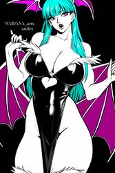  1girls big_breasts capcom catifex clothing darkstalkers dress green_eyes green_hair large_breasts morrigan_aensland solo succubus vampire vampire_hunter vampire_savior wings 