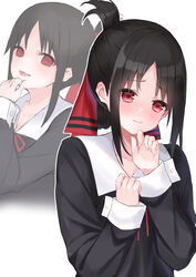  black_dress black_hair blush closed_mouth collarbone collared_dress commentary_request dress female fingernails folded_ponytail hair_ribbon hands_up hashiko_nowoto highres kaguya-sama_wa_kokurasetai_~tensai-tachi_no_renai_zunousen~ long_sleeves multiple_views neck_ribbon nose_blush okawaii_koto parted_bangs parted_lips red_eyes red_ribbon ribbon school_uniform shinomiya_kaguya shuuchiin_academy_school_uniform sidelocks sleeves_past_wrists smile white_background 