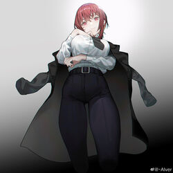  absurdres alver arm_under_breasts belt belt_buckle black_belt black_jacket black_necktie black_pants breasts buckle chainsaw_man closed_mouth collared_shirt commentary_request dress_shirt female from_below gradient_background hair_between_eyes hand_up highres jacket jacket_on_shoulders large_breasts long_sleeves looking_at_viewer looking_down makima_(chainsaw_man) necktie open_clothes open_jacket pants red_eyes red_hair ringed_eyes shirt solo standing weibo_watermark white_shirt 