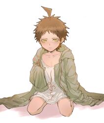  1boy aged_down ahoge ai_(meira32373165) blush brown_eyes closed_mouth coat collarbone commentary_request cosplay danganronpa_(series) danganronpa_2:_goodbye_despair frown green_coat grey_background grey_shirt hinata_hajime hood hood_down hooded_coat komaeda_nagito komaeda_nagito_(cosplay) lolicon long_sleeves looking_at_viewer male_focus open_clothes oversized_clothes print_shirt shirt short_hair simple_background sitting sleeves_past_fingers sleeves_past_wrists solo spiked_hair wariza 