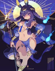  :&lt; animal_ears breasts closed_mouth dark-skinned_female dark_skin earrings egyptian egyptian_clothes facepaint facial_mark fate/grand_order fate_(series) female hair_tubes hand_on_own_hip headpiece highres holding holding_staff jackal_ears jewelry long_hair low-tied_long_hair medium_breasts natsuiro_xx navel nitocris_(fate) pelvic_curtain purple_eyes purple_hair sandals solo sparkle staff tattoo thigh_strap usekh_collar 