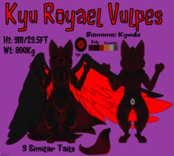  anthro black_and_red bleodafi canid canine english_text fox fox_spirit hi_res kyu_vulpes male mammal model_sheet purple_background simple_background text wings 