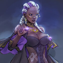  blue_eyes body_markings braid breasts brooch brown_lips cleavage closed_mouth commentary cornrows crystal dark-skinned_female dark_skin detached_sleeves dolores_(kof) dreadlocks earrings english_commentary facial_mark female forehead_mark glasses highres jewelry large_breasts lips multicolored_hair nail_polish necklace nose purple_hair revealing_clothes round_eyewear signature single_earring solo stup-jam the_king_of_fighters the_king_of_fighters_xv two-tone_hair upper_body very_dark_skin white_hair yellow-framed_eyewear 