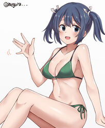  bad_id bad_twitter_id bikini blue_eyes blue_hair breasts cleavage commentary_request female green_bikini kantai_collection large_breasts looking_at_viewer meguru_(megurunn) o-ring o-ring_bikini o-ring_top side-tie_bikini_bottom simple_background sitting solo souryuu_(kancolle) swimsuit twintails twitter_username waving white_background 