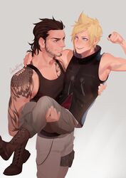  2boys arm_around_neck arm_tattoo artist_name bare_arms beard black_shirt blonde_hair blue_eyes boots brown_eyes brown_footwear brown_hair carrying chest_tattoo clenched_hand facial_hair final_fantasy final_fantasy_xv flexing gladiolus_amicitia grey_background grey_pants hair_slicked_back highres looking_at_another male_focus medium_hair multiple_boys muscular muscular_male open_mouth pants pose princess_carry prompto_argentum rachel_huey shirt short_hair sleeveless sleeveless_shirt sleeveless_turtleneck smile spiked_hair swept_bangs tank_top tattoo turtleneck yaoi 