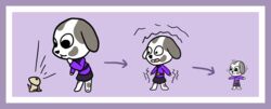  animal_crossing anthro border canid canine canis clothed clothing domestic_dog female hi_res inanimate_transformation mammal nintendo nootherway plastic portia_(animal_crossing) purple_background purple_border shrinking simple_background simple_coloring size_transformation solo totem toy transformation 