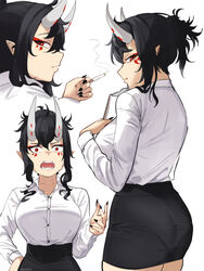  ameiarts ass black_hair black_nails black_skirt breasts cigarette collared_shirt dress_shirt english_commentary eyeshadow facial_mark female fingernails hair_bun highres holding holding_cigarette horns large_breasts long_fingernails looking_at_viewer makeup miniskirt multiple_views narrowed_eyes office_lady oni original pencil_skirt profile shirt shirt_tucked_in sidelocks sideways_glance single_hair_bun skirt smoke smoking tented_shirt white_shirt 