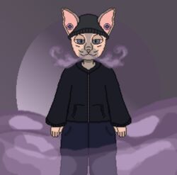  anthro blue_eyes clothing digital_media_(artwork) domestic_cat drugs ear_piercing felid feline felis hairless hairless_cat hoodie male mammal multicolored_body piercing pink_body pink_skin pixel_(artwork) purple_smoke simple_background smoke smoke_from_nose smoking solo sphynx_(cat) topwear toridiaz two_tone_body 