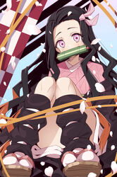  absurdres asa_no_ha_(pattern) bamboo bit_gag black_hair black_jacket brown_footwear commentary female forehead gag gagged hair_ribbon haori highres ichijo_rei jacket japanese_clothes kamado_nezuko kimetsu_no_yaiba kimono leg_wrap long_hair looking_at_viewer mouth_hold multicolored_hair nail_polish off_shoulder petals pink_eyes pink_kimono pink_ribbon print_kimono ribbon sandals sitting solo tabi two-tone_hair very_long_hair white_legwear 