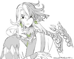  1boy ashiya_douman_(fate) asymmetrical_clothes asymmetrical_hair bell black_eyes black_hair curly_hair earrings fate/grand_order fate_(series) fingernails hadanugi_dousa hair_bell hair_between_eyes hair_intakes hair_ornament japanese_clothes jewelry kimono long_hair magatama magatama_earrings male_focus multicolored_hair open_clothes open_kimono rapizuri sharp_fingernails split-color_hair spot_color two-tone_hair upper_body very_long_fingernails very_long_hair white_hair wide-eyed 