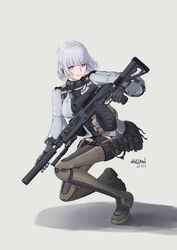  absurdres ammunition_pouch artist_name black_gloves boots breasts brown_footwear dated female full_body girls&#039;_frontline gloves gun hair_ornament hairclip highres holding holding_gun holding_weapon kalashnikov_rifle large_breasts light_machine_gun looking_at_viewer machine_gun on_one_knee open_mouth parted_lips pouch purple_eyes rifle rpk-16 rpk-16_(girls&#039;_frontline) short_hair simple_background smile solo tactical_clothes teeth thigh_boots thighhighs violetcreed weapon white_hair 