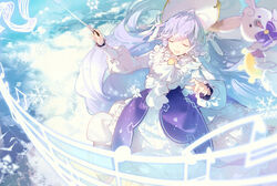  1other beamed_eighth_notes blue_bow blue_bowtie blue_hair blurry blurry_foreground bow bowtie closed_eyes cloud commentary conductor_baton dress eighth_note female frilled_dress frills hands_up hatsune_miku headdress holding holding_instrument instrument light_blue_hair linfi-muu long_hair musical_note neckerchief open_mouth rabbit rabbit_yukine rainbow smile snowflakes staff_(music) standing sun_ornament symbol-only_commentary twintails very_long_hair vocaloid white_dress yuki_miku yuki_miku_(2023)_(applicant) 