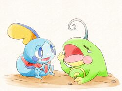  blue_eyes bright_pupils closed_eyes commentary_request kinakomochi_(kazuna922) no_humans open_mouth pokemon pokemon_(creature) politoed smile sobble soil tearing_up tongue white_background white_pupils yawning 