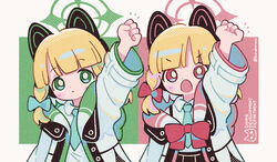  2girls :o arm_up blonde_hair blue_archive blue_bow blue_necktie bow braid clenched_hand closed_mouth collared_shirt commentary_request english_text green_eyes hairbow halo highres hood hood_down hooded_jacket jacket koru_koruno long_sleeves looking_at_viewer midori_(blue_archive) momoi_(blue_archive) multiple_girls necktie open_clothes open_jacket open_mouth red_bow red_eyes shirt siblings sisters twins twitter_username white_jacket white_shirt wide_sleeves 