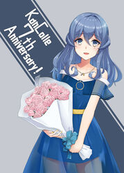  alternate_costume alternate_hairstyle anniversary bare_shoulders blue_dress blue_eyes blue_hair blush bouquet commentary_request dress female flower gotland_(kancolle) grey_background hair_between_eyes hair_down highres jewelry kantai_collection kodama_(mmt_uf) long_hair mole mole_under_eye nail_polish necklace off-shoulder_dress off_shoulder open_mouth pink_flower pink_rose rose simple_background solo yellow_nails 