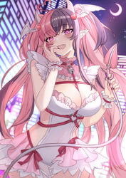  ahoge bat_wings bell belt black_nails breasts chest_belt choker cleavage crescent_moon demon_girl demon_horns demon_wings dress english_commentary female frilled_dress frills hair_between_eyes hair_ornament hairclip hand_on_own_cheek hand_on_own_face head_wings heart heart_ahoge heart_hair_ornament horns ironmouse ironmouse_(demon_form) jingle_bell large_breasts long_hair looking_at_viewer moon multicolored_hair nail_polish oerba_yun_fang open_mouth pink_belt pink_eyes pink_hair pointy_ears purple_hair sharp_teeth smile streaked_hair tail tail_grab teeth ten-chan_(eternal_s) twintails very_long_hair virtual_youtuber vshojo white_dress wings wrist_cuffs 